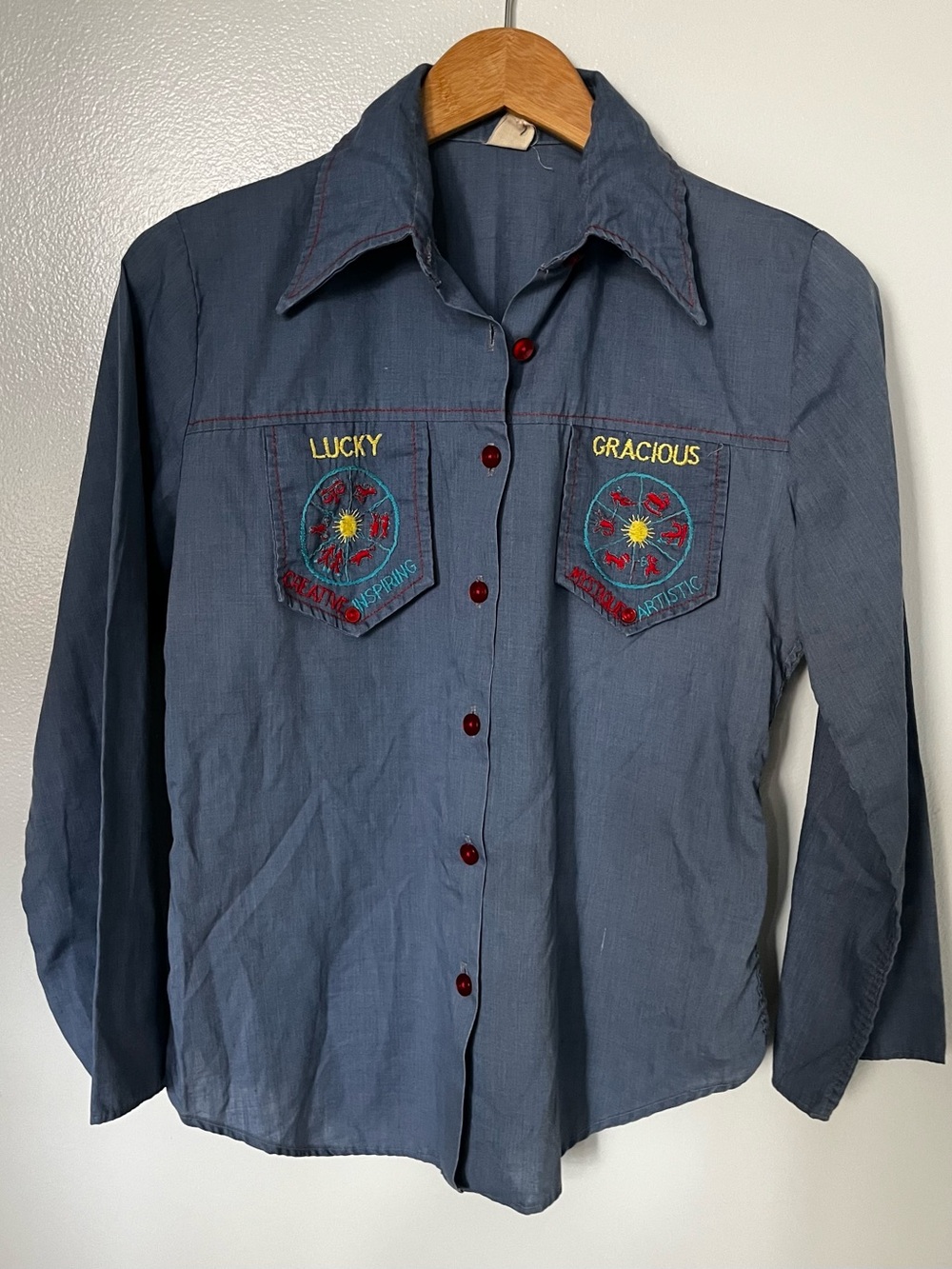 RARE 1970’s Vintage Blue Horoscope Fitted Button-Down Embroidered Pockets